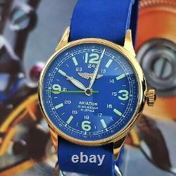 Watch RAKETA Pilot AVIATOR Blue Dial Vintage Wristwatch USSR 2609. HA Gold case