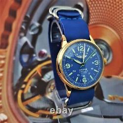 Watch RAKETA Pilot AVIATOR Blue Dial Vintage Wristwatch USSR 2609. HA Gold case