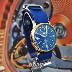 Watch RAKETA Pilot AVIATOR Blue Dial Vintage Wristwatch USSR 2609. HA Gold case