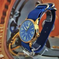 Watch RAKETA Pilot AVIATOR Blue Dial Vintage Wristwatch USSR 2609. HA Gold case