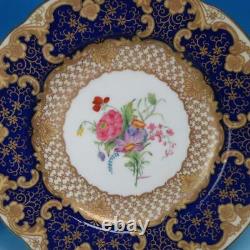 Wedgwood Cobalt Blue Gold Encrusted Flowers Artist Signed 12 Cabinet Plates