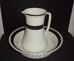 Wedgwood Imperial Porcelain Pitcher & Wash Bowl Basin Set Cobalt & Gold C. 1906