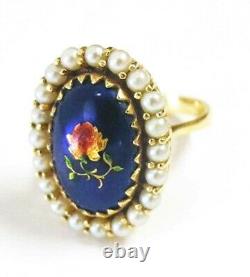 14k Gold Cobalt Enamel Iridescent Flower Pearl Halo Ring Sz 5,25 Vintage Italie