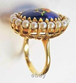 14k Gold Cobalt Enamel Iridescent Flower Pearl Halo Ring Sz 5,25 Vintage Italie