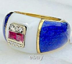18k Yellow Gold Diamond Ruby Ring Cobalt Blue White Enamel Vintage Dome Heavy 9