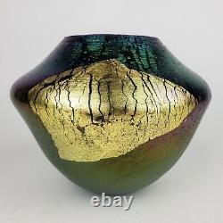 1988 Robert Eickholt Gold Foil Iridescent Cobalt Blue Glass Volcano Bud Vase
