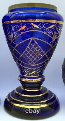 2 Vases Luminaires Deux Pièces Bleu Cobalt & Or Très Insolites avec Grand Rebord en Laiton
