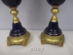 3 Vtg Capodimonte Keramos Cobalt Blue Signed Centerpiece Gold Handled Urns Vases