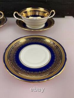 4 X Aynsley 7410 Simcoe Cobalt Blue Gold Soup Bowls Coupes Et Supports / Saucers