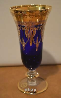 6 Arte Italica Sc Line Aiz2 Gold Incrusted Cobalt Glass Champagne Flutes Goblets