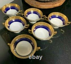 6 Minton Pour Tiffany & Co. Cobalt & Gold Gilt Double Handle Bouillon Soup Bowls