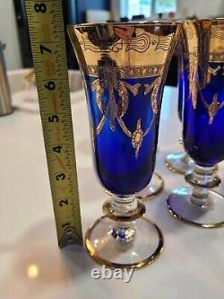 6 Vintage Vénitien Cobalt Bleu Et Verres À Pied Peints À La Main En Or Murano