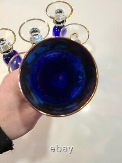 6 Vintage Vénitien Cobalt Bleu Et Verres À Pied Peints À La Main En Or Murano