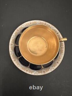 Ancienne tasse à café et soucoupe Hutschenreuther Cobalt Blue Gold Gilt Jewel en français