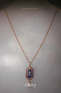 Antique 10k Gold Cobalt Wedgwood Jasperware Lavalier Pendentif Avec Pearl Drop