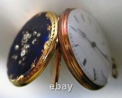 Antique 1854 Ladies Pendentif Watch 18k Gold+18 Diamonds Cobalt Blue En Émail 15 Gr