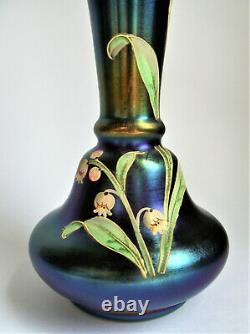 Antique Bohemia Czech Bleu Violet Iridescent Or Paint Enamel Art Glass Vase