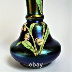Antique Bohemia Czech Bleu Violet Iridescent Or Paint Enamel Art Glass Vase
