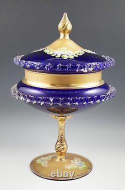Antique Bohemia Moser Cobalt Glass Grande Compote Couverte, Or Lourd, Émail