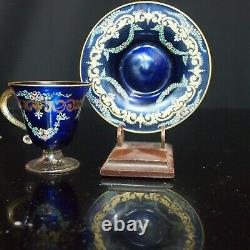 Antique Bohemian Moser Cobalt Blue Enamel Gold Demitasse Cup & Saucer