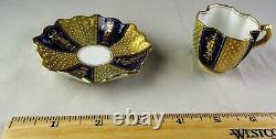 Antique Coalport Miniature Jeweled Cobalt & Gold Quatrefoil Cup & Soucoupe
