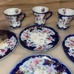 Antique Cobalt Flow Blue Gold Trim Peinture À La Main Florale Démitasse Tea Cups Saucer
