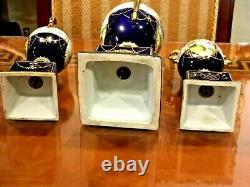 Antique Japonese 3 Nippon Hand Painted Cobalt Blue Withheavy Gold Porcelain Urns