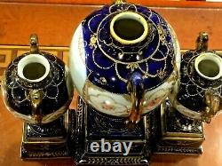 Antique Japonese 3 Nippon Hand Painted Cobalt Blue Withheavy Gold Porcelain Urns