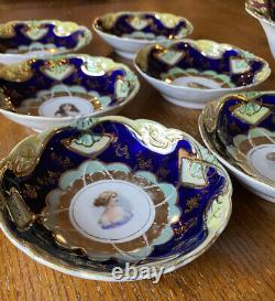 Antique Jpf Ilmenau Allemagne Porcelain Ensemble De Bols Peints À La Main En Bleu De Cobalt Et En Or