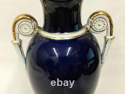 Antique Meissen Cobalt Blue Gold Gild Fleurs Peintes Amphora 2 Poignées Urn Vase