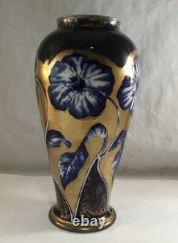 Antique Thomas Forester & Son Anglais Pottery Vase Cobalt Flowers With Gold Gilt