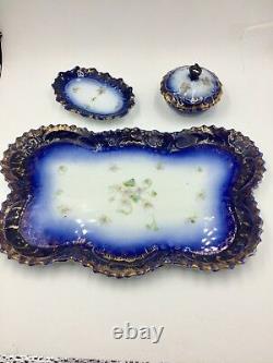 Antique Victoria Carlsbad Austria Porcelain Tray Set, Cobalt Blue Gold