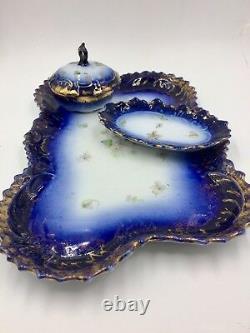 Antique Victoria Carlsbad Austria Porcelain Tray Set, Cobalt Blue Gold