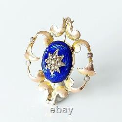 Antique Victorienne 9ct Gold Seed Pearl & Cobalt Blue Enamel Pendentif Floral 3.6g