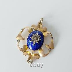 Antique Victorienne 9ct Gold Seed Pearl & Cobalt Blue Enamel Pendentif Floral 3.6g