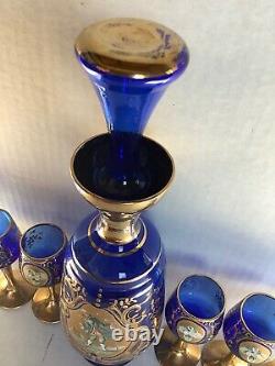 Antique Vintage Cobalt Bleu Or Peint À La Main Liqueur Set Decanter 6 Cordiales