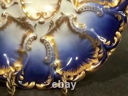 Assiette à huîtres rare peinte à la main Limoges Assiette à huîtres bleu cobalt et or