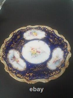 Assiette antique japonaise Nippon peinte à la main, 10 plaques en cobalt bleu et or avec des roses.