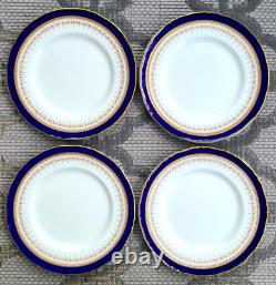 Assiettes de dîner Royal Worcester Regency Blue 10 7/8 pouces Bordure dorée bleu cobalt, ensemble de 4