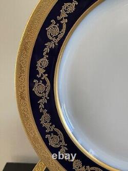 Assiettes de dîner en porcelaine antique T&V Limoges France bleu cobalt et doré, ensemble de 9