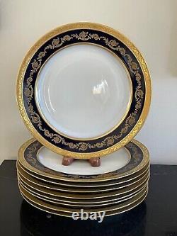 Assiettes de dîner en porcelaine antique T&V Limoges France bleu cobalt et doré, ensemble de 9