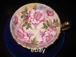Aynsley Cabbage Roses Teacup & Soucoupe Pink Roses Cobalt Blue & Gold Excellent
