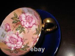 Aynsley Cabbage Roses Teacup & Soucoupe Pink Roses Cobalt Blue & Gold Excellent