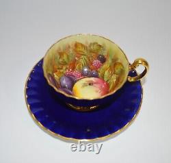 Aynsley Orchard Fruit Cobalt Or Bone Fine Chine Tea Cup & Saucer Signé