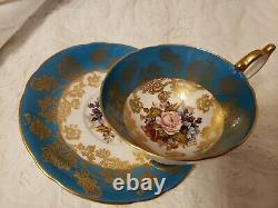Aynsley-england-handpainted Cup And Saucer With Pink Rose And Gold