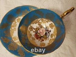 Aynsley-england-handpainted Cup And Saucer With Pink Rose And Gold