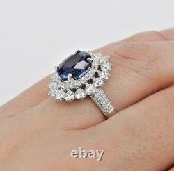 Bague de mariage en halo avec saphir bleu simulé de coupe ovale de 2,40 carats plaqué or blanc 14 carats