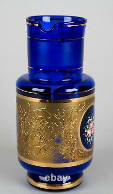 Bohemian Cobalt Blue Glass Pitcher & Tumbler Set Hand Painted Floral & Gold Trim