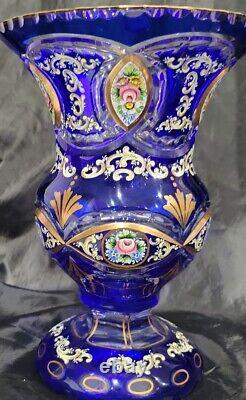 Bohemie Moser Cobalt Blue Cut De Classer La Main De Vase Paint Roses & Gold Stunning