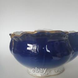 Bol ovale Limoges bleu cobalt avec 3 bordures dorées L 11